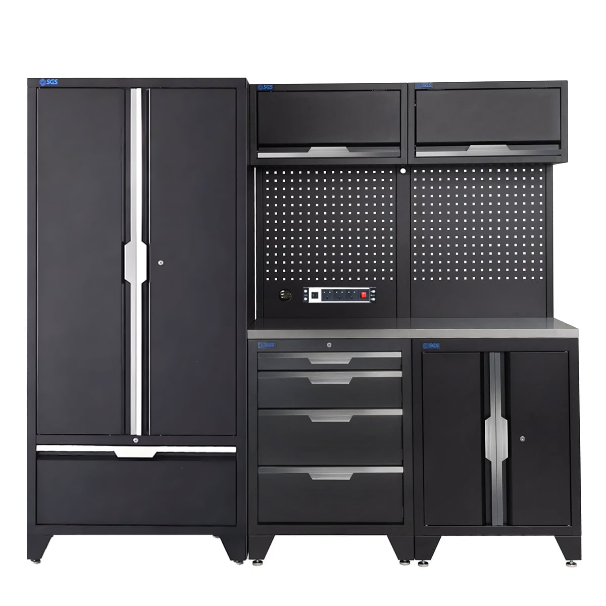 SGS 7pc Garage Storage System | 4 Drawers | Stainless Steel Worktop | Floor Cabinet | 2x Upper Cabinets | Tall Double Cabinet with Drawer | Pegboard with Power Strip